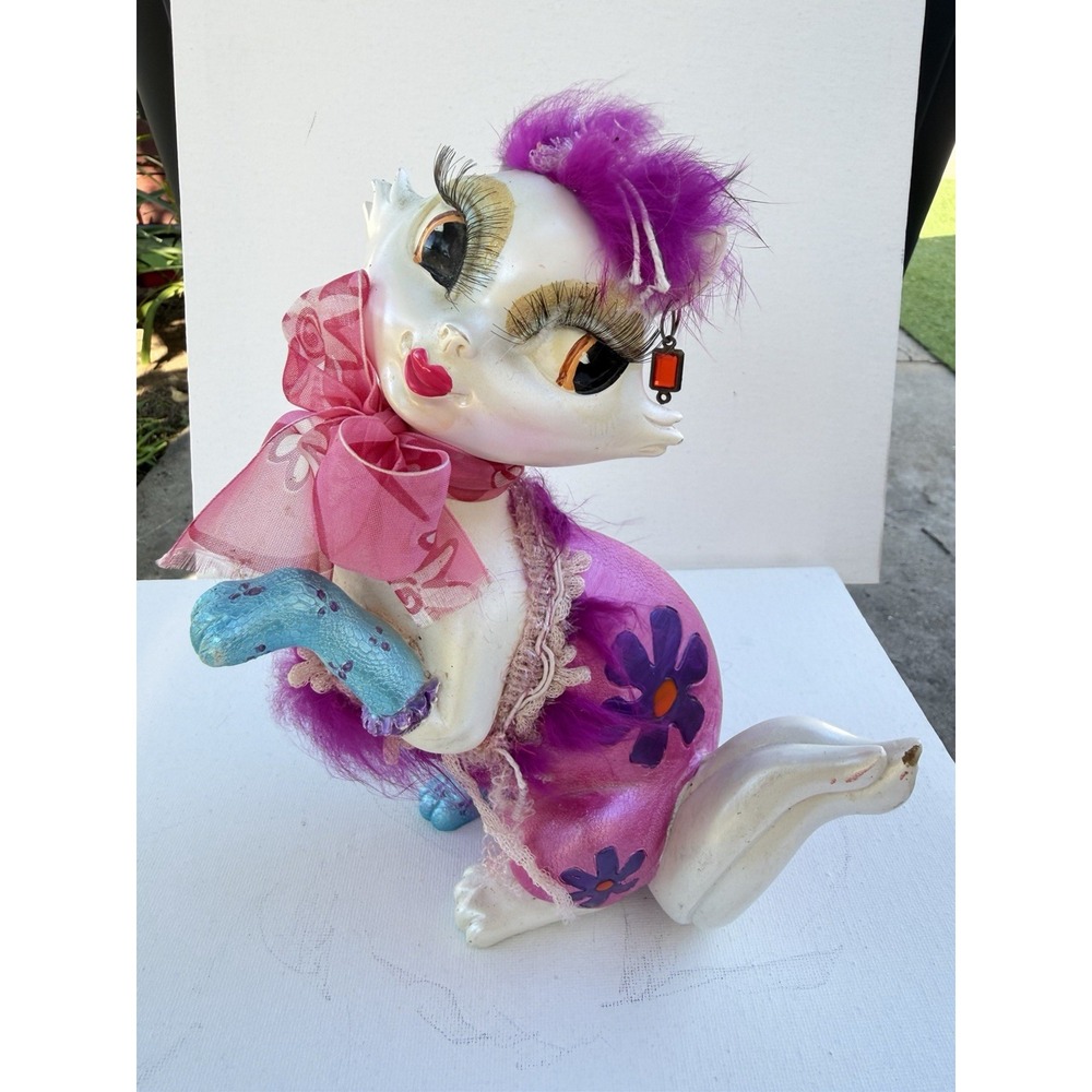Mid-Century Modern Kitschy Anthropomorphic Cat Figurine With Eyelashes